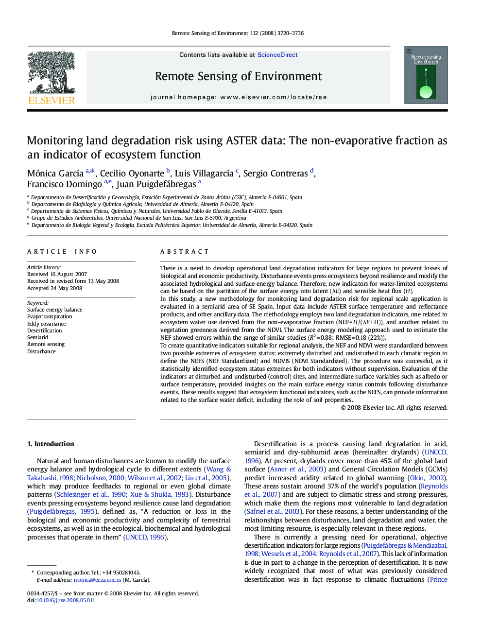 Monitoring land degradation risk using ASTER data: The non-evaporative fraction as an indicator of ecosystem function