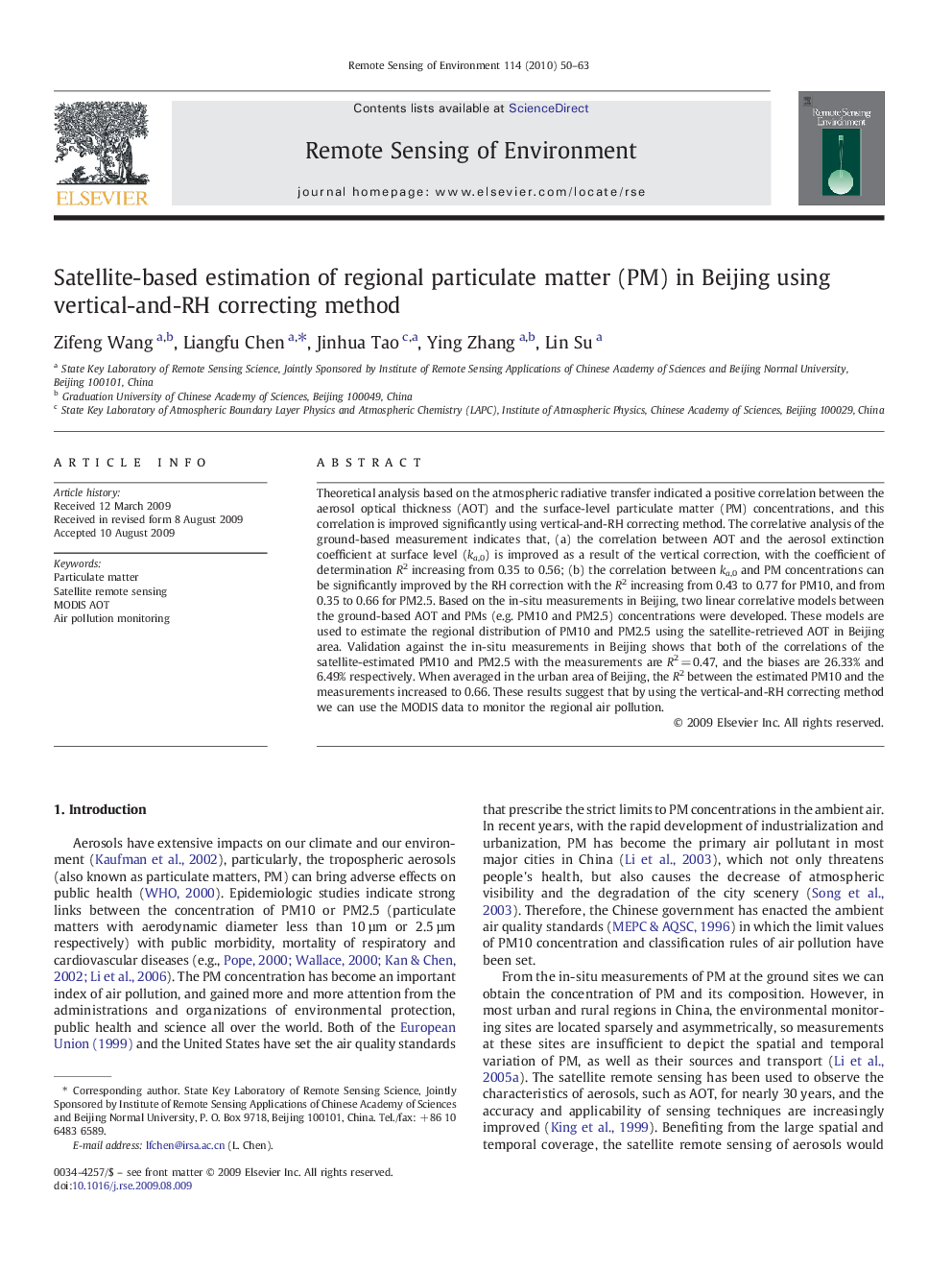 Satellite-based estimation of regional particulate matter (PM) in Beijing using vertical-and-RH correcting method