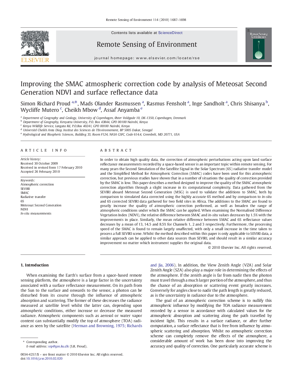 Improving the SMAC atmospheric correction code by analysis of Meteosat Second Generation NDVI and surface reflectance data