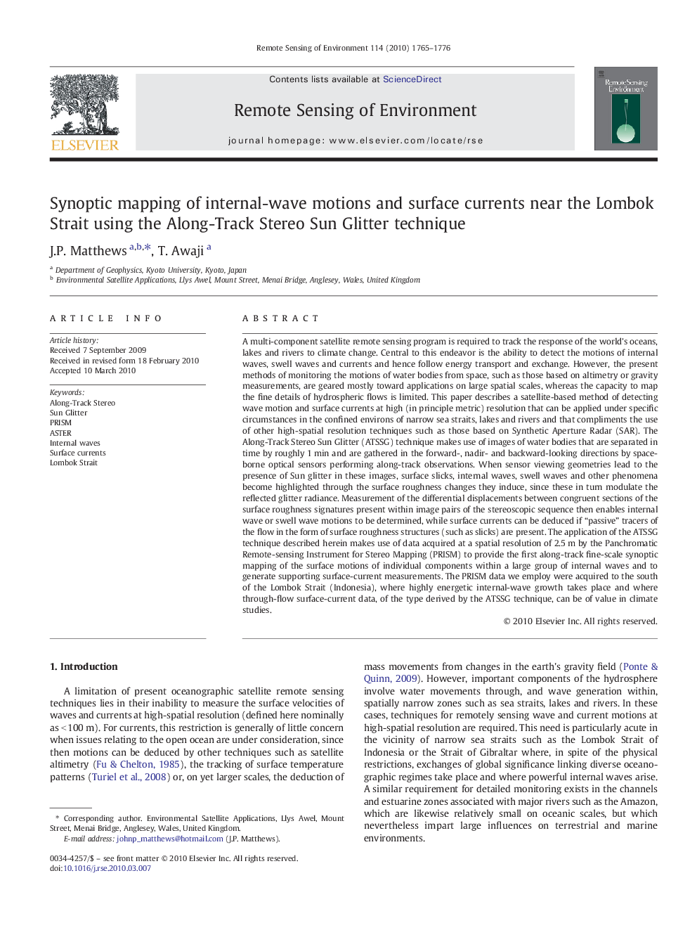 Synoptic mapping of internal-wave motions and surface currents near the Lombok Strait using the Along-Track Stereo Sun Glitter technique