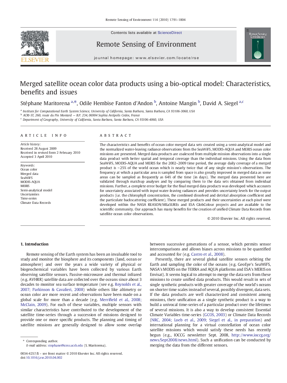 Merged satellite ocean color data products using a bio-optical model: Characteristics, benefits and issues