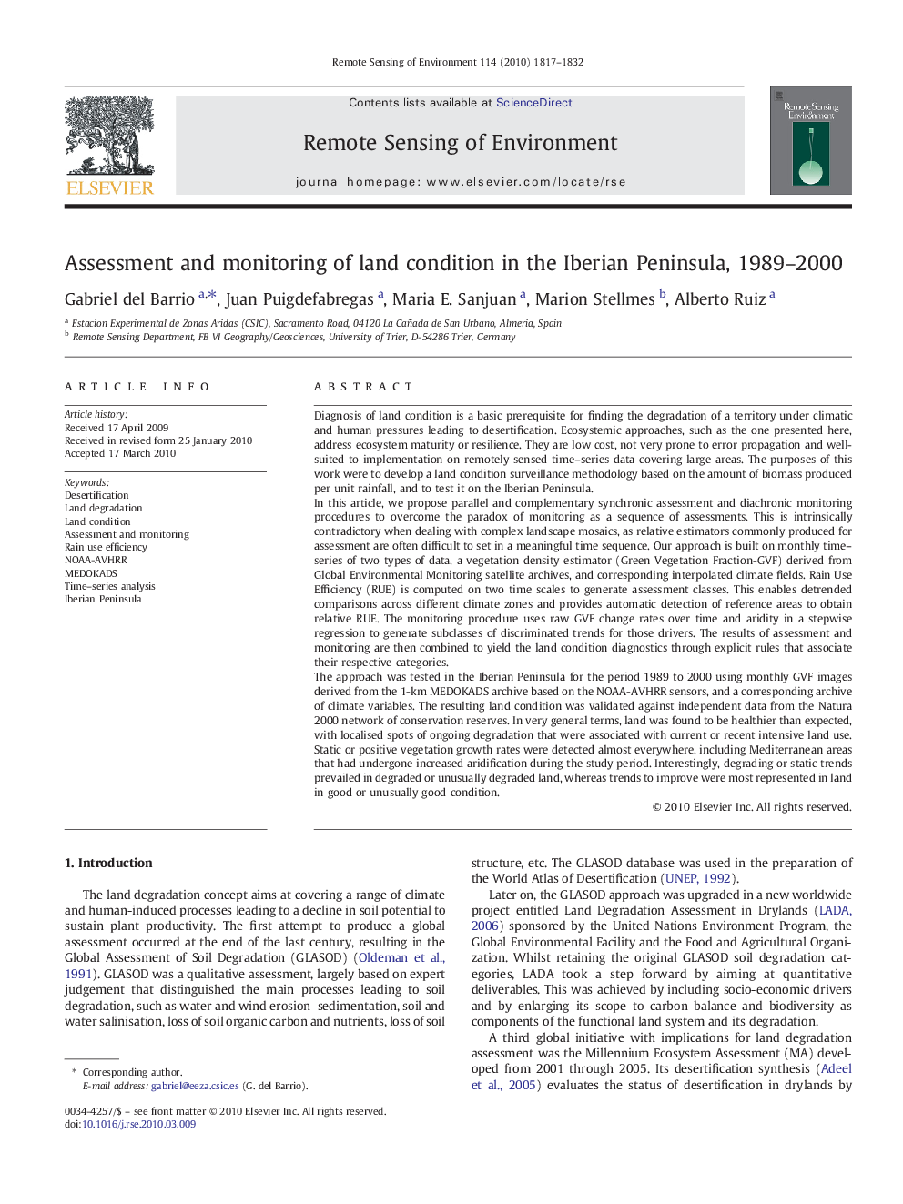 Assessment and monitoring of land condition in the Iberian Peninsula, 1989–2000