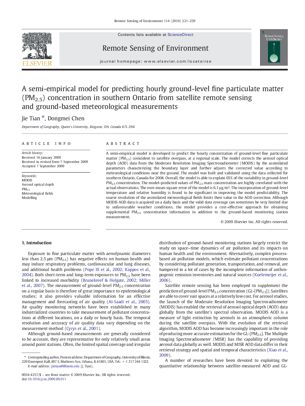 A semi-empirical model for predicting hourly ground-level fine particulate matter (PM2.5) concentration in southern Ontario from satellite remote sensing and ground-based meteorological measurements