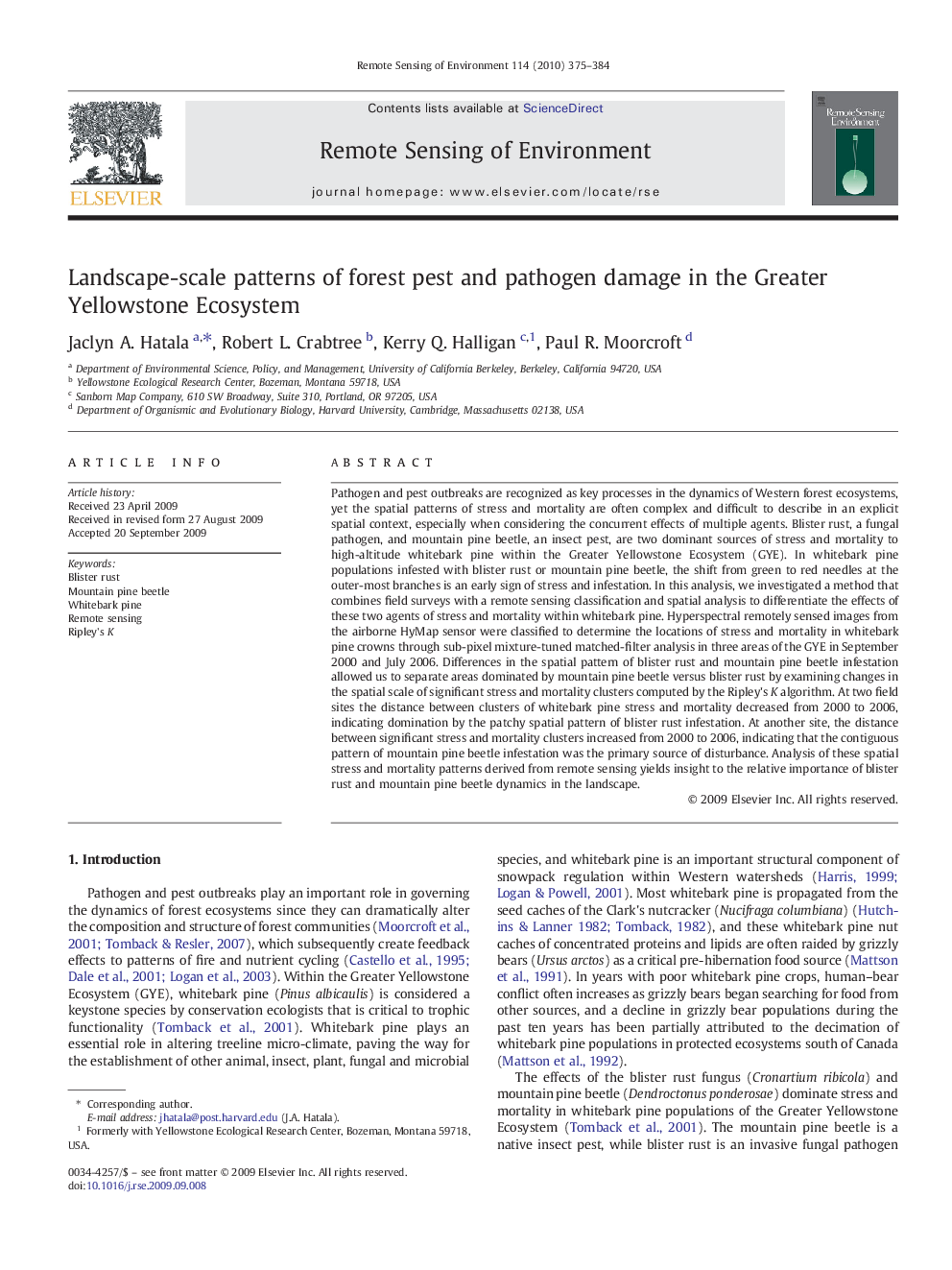 Landscape-scale patterns of forest pest and pathogen damage in the Greater Yellowstone Ecosystem