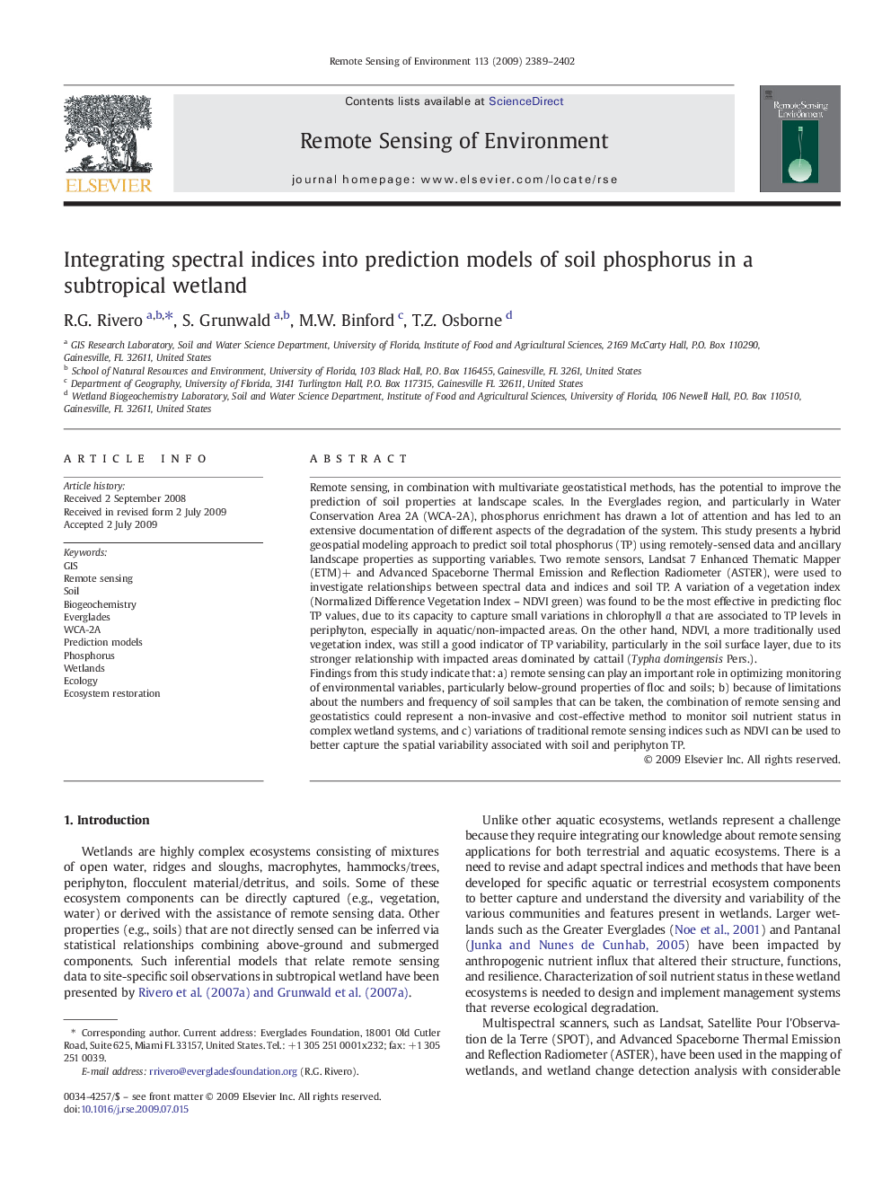 Integrating spectral indices into prediction models of soil phosphorus in a subtropical wetland