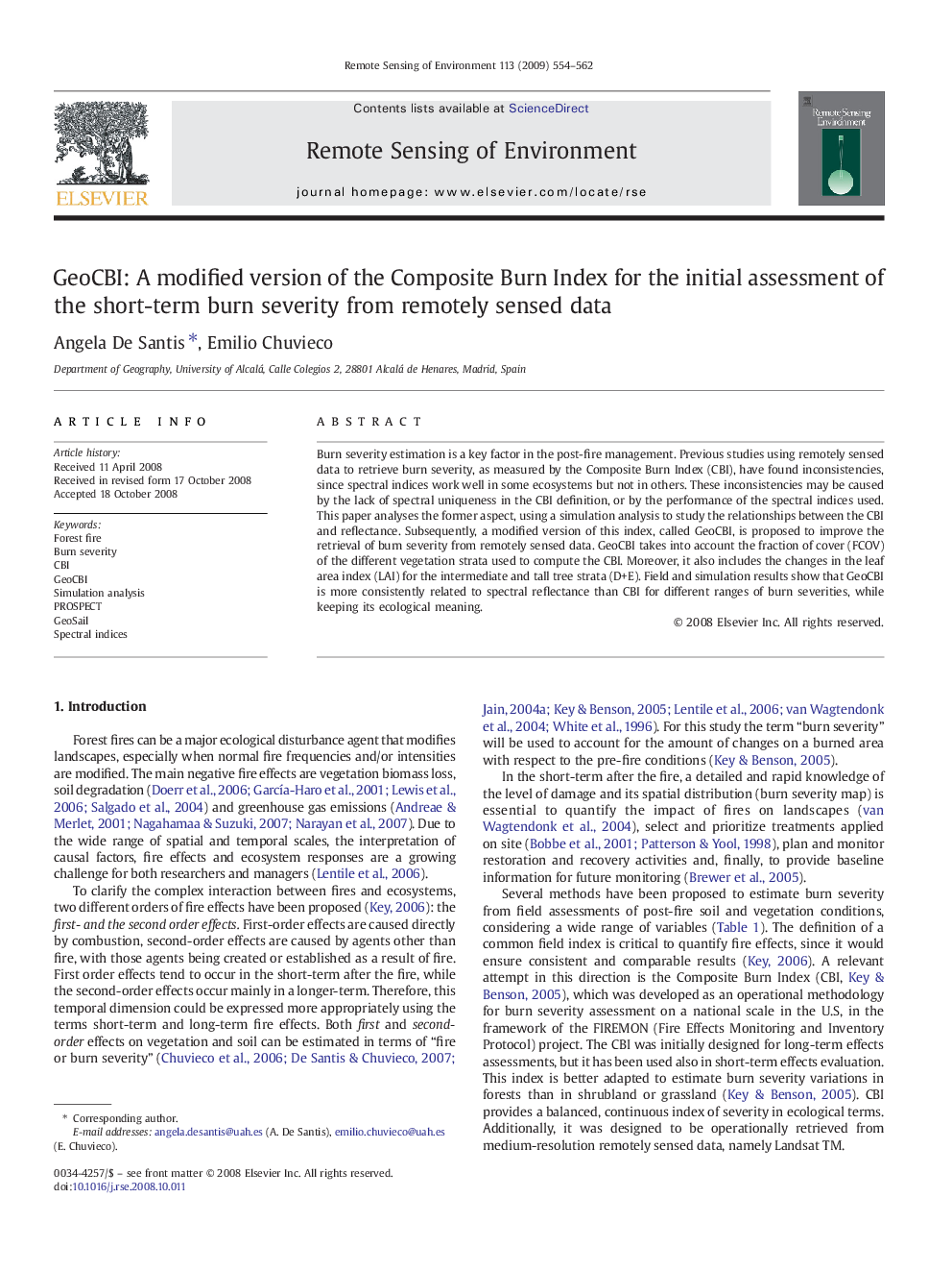 GeoCBI: A modified version of the Composite Burn Index for the initial assessment of the short-term burn severity from remotely sensed data