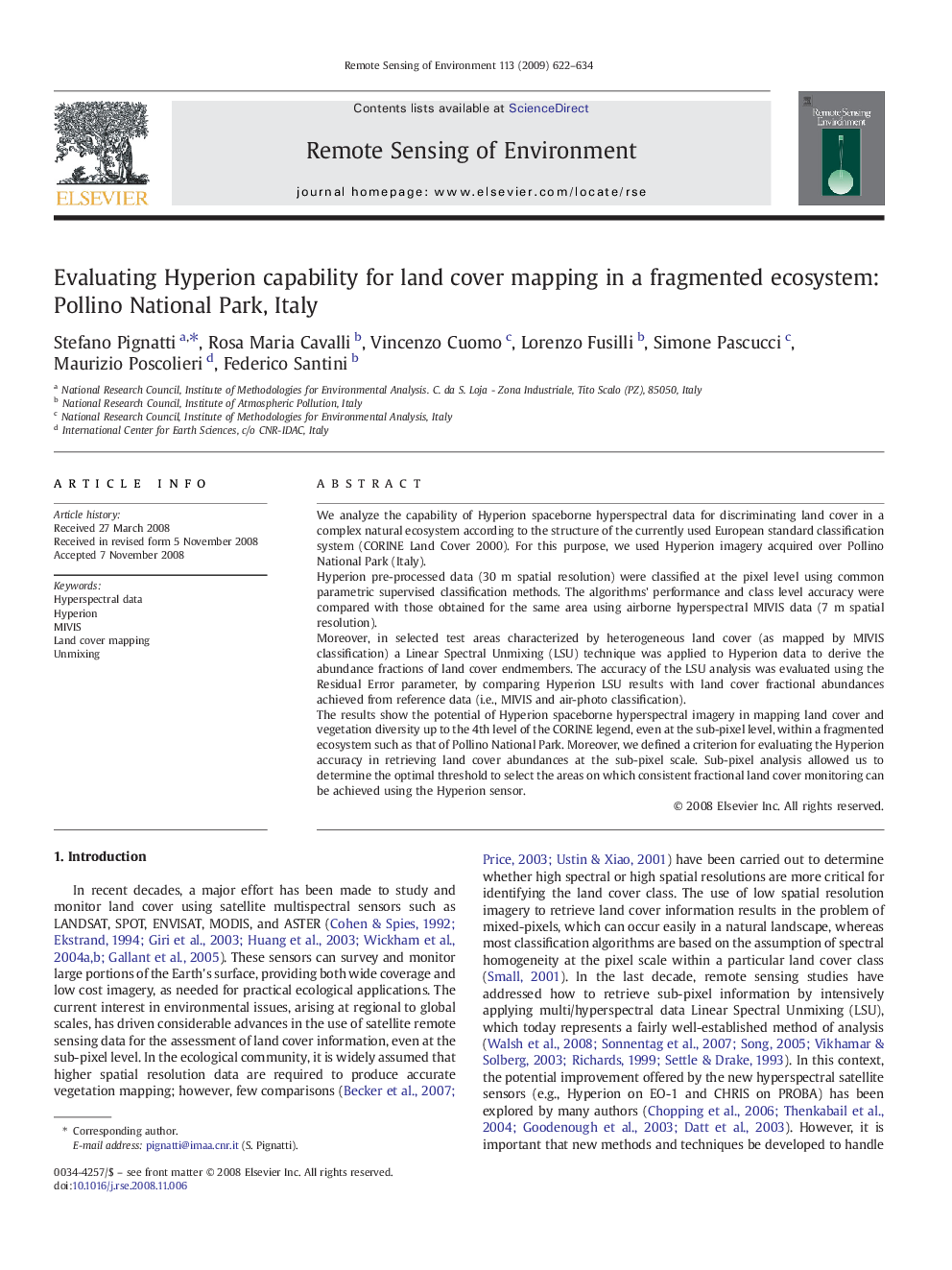 Evaluating Hyperion capability for land cover mapping in a fragmented ecosystem: Pollino National Park, Italy