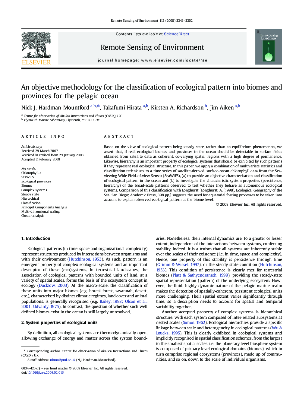 An objective methodology for the classification of ecological pattern into biomes and provinces for the pelagic ocean