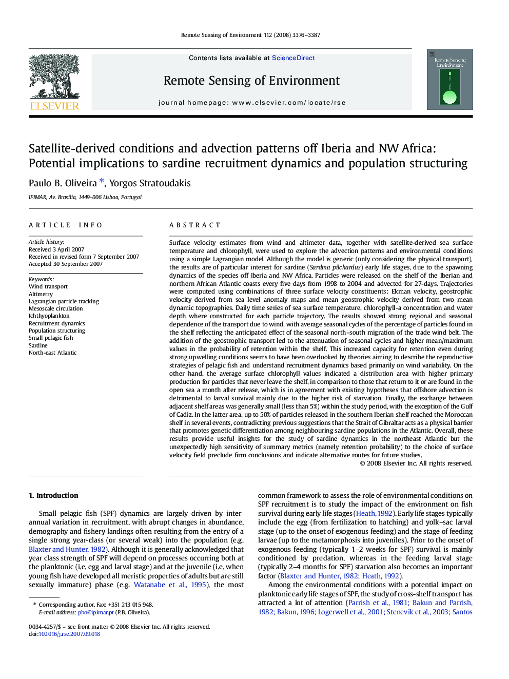 Satellite-derived conditions and advection patterns off Iberia and NW Africa: Potential implications to sardine recruitment dynamics and population structuring