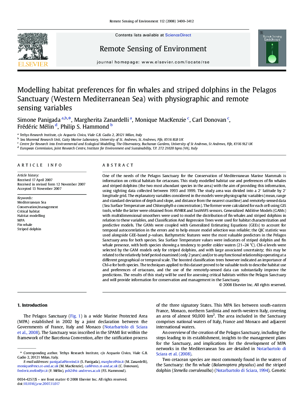 Modelling habitat preferences for fin whales and striped dolphins in the Pelagos Sanctuary (Western Mediterranean Sea) with physiographic and remote sensing variables