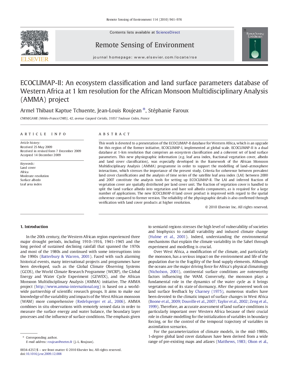 ECOCLIMAP-II: An ecosystem classification and land surface parameters database of Western Africa at 1 km resolution for the African Monsoon Multidisciplinary Analysis (AMMA) project