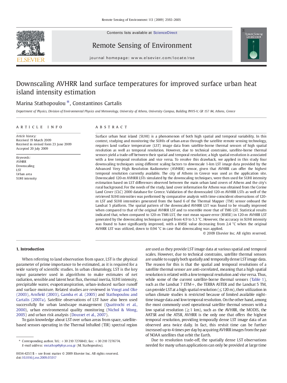 Downscaling AVHRR land surface temperatures for improved surface urban heat island intensity estimation