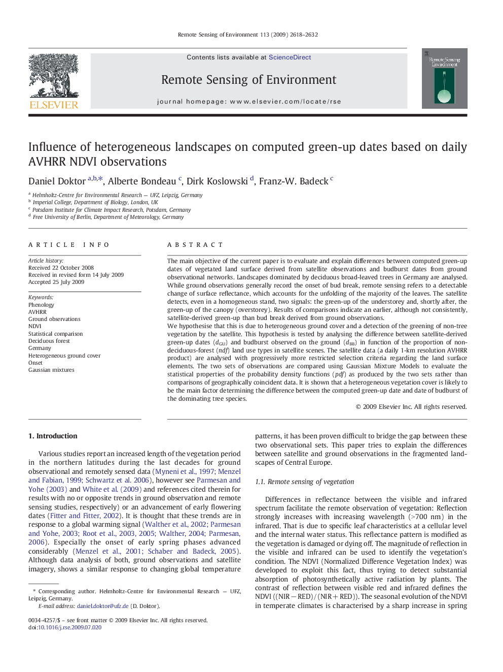 Influence of heterogeneous landscapes on computed green-up dates based on daily AVHRR NDVI observations