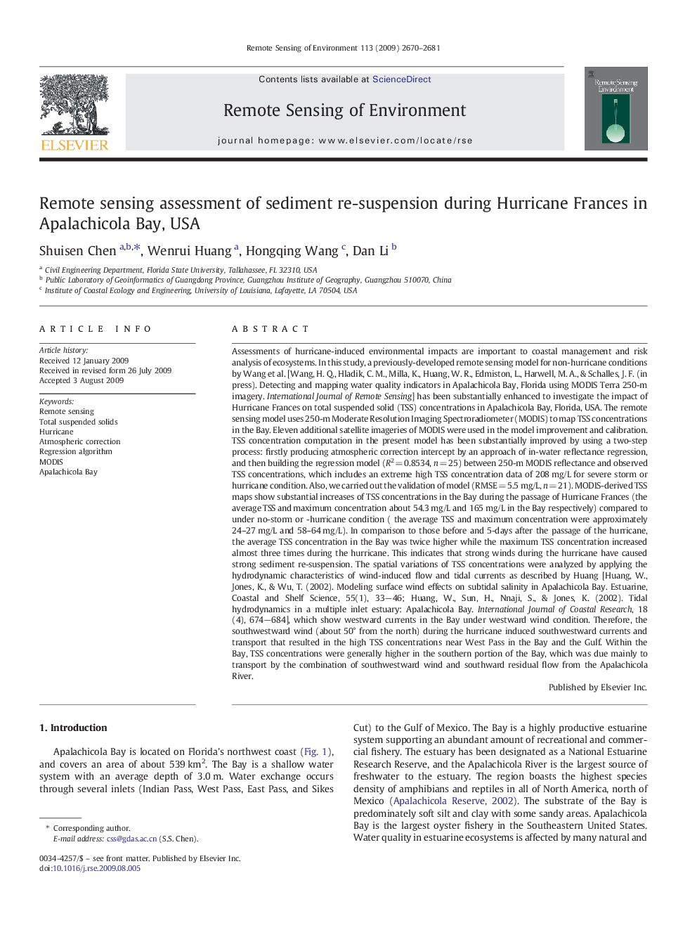 Remote sensing assessment of sediment re-suspension during Hurricane Frances in Apalachicola Bay, USA