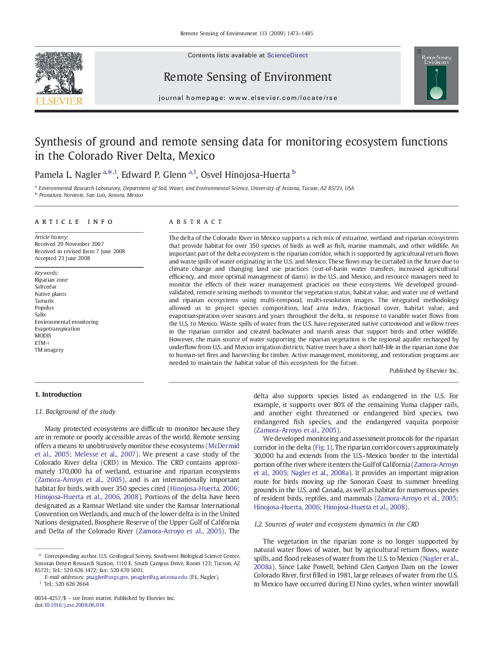 Synthesis of ground and remote sensing data for monitoring ecosystem functions in the Colorado River Delta, Mexico