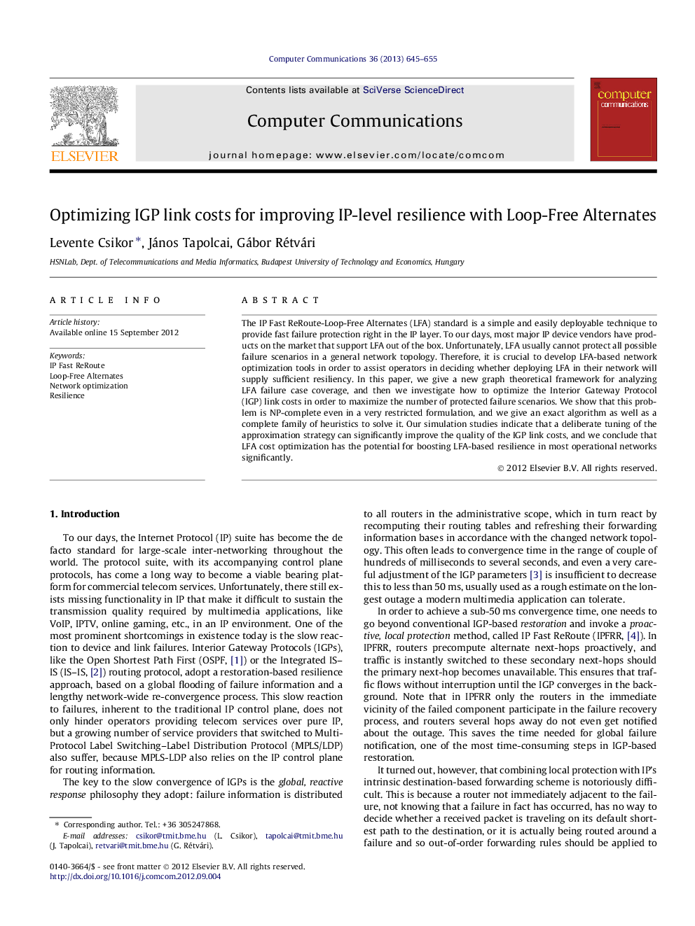 Optimizing IGP link costs for improving IP-level resilience with Loop-Free Alternates