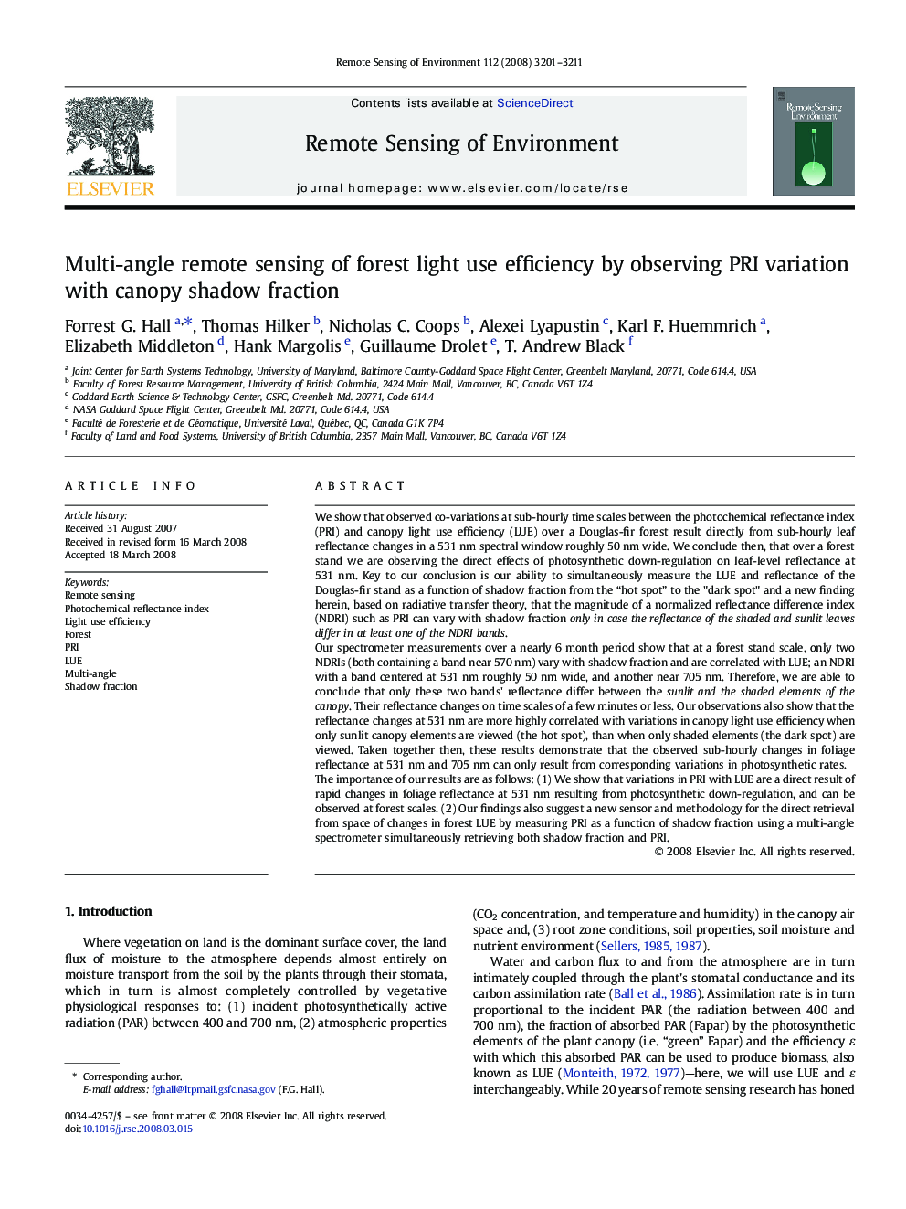 Multi-angle remote sensing of forest light use efficiency by observing PRI variation with canopy shadow fraction