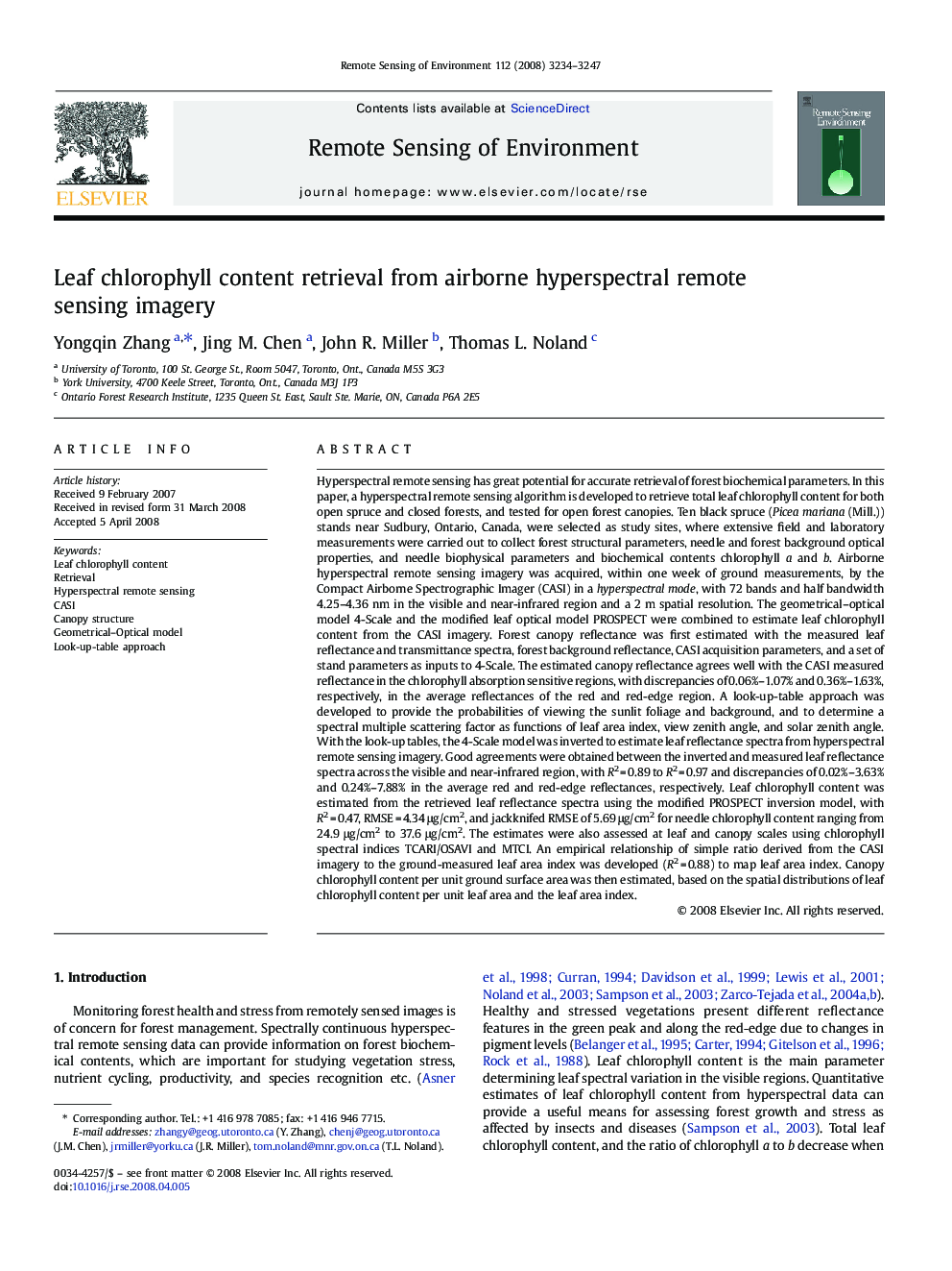 Leaf chlorophyll content retrieval from airborne hyperspectral remote sensing imagery