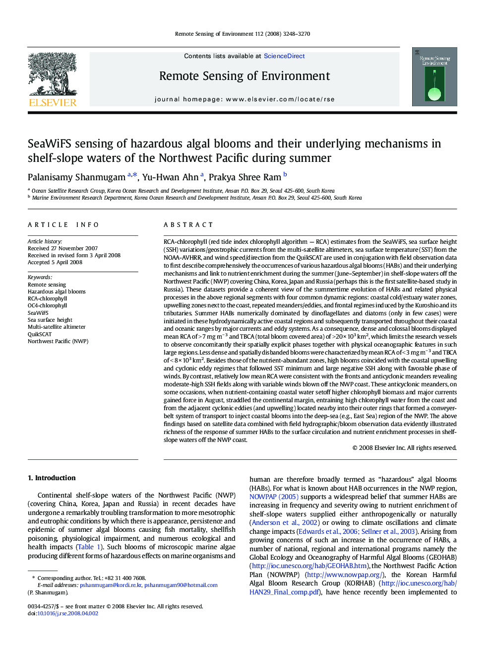 SeaWiFS sensing of hazardous algal blooms and their underlying mechanisms in shelf-slope waters of the Northwest Pacific during summer