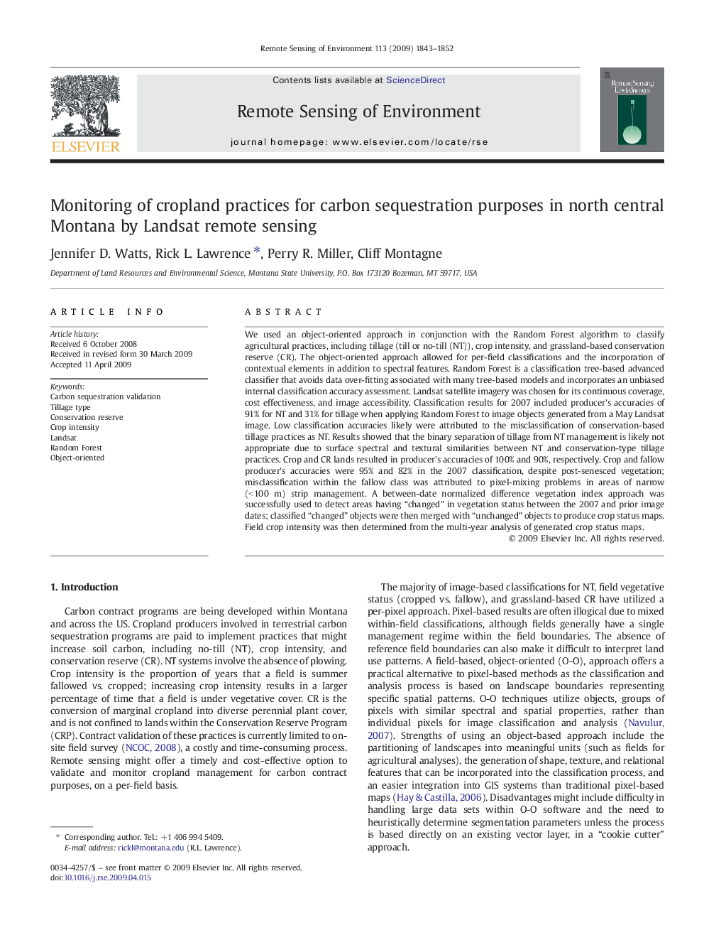 Monitoring of cropland practices for carbon sequestration purposes in north central Montana by Landsat remote sensing