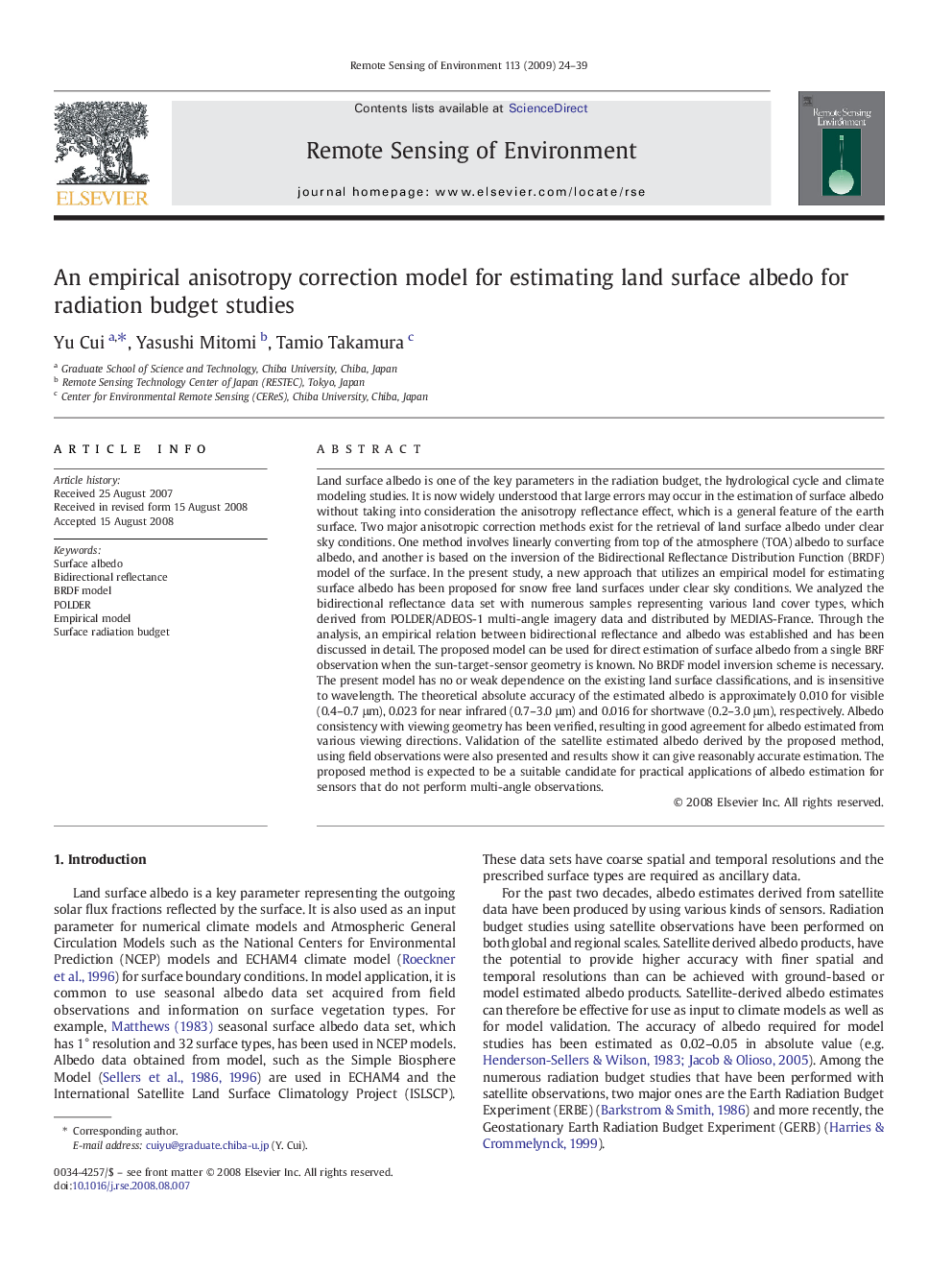 An empirical anisotropy correction model for estimating land surface albedo for radiation budget studies