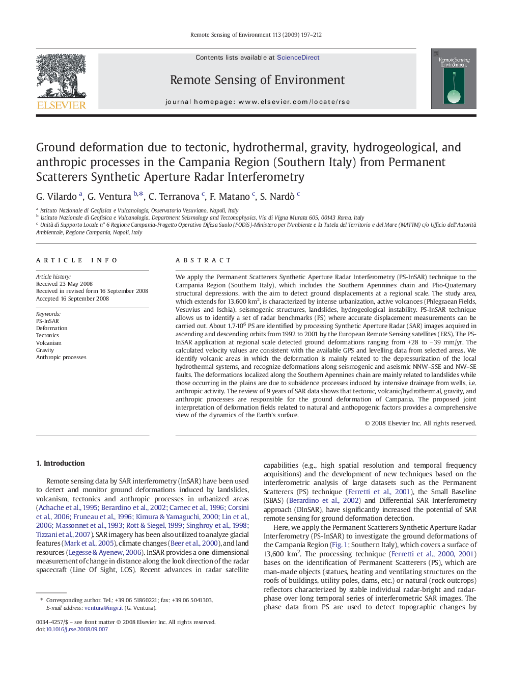 Ground deformation due to tectonic, hydrothermal, gravity, hydrogeological, and anthropic processes in the Campania Region (Southern Italy) from Permanent Scatterers Synthetic Aperture Radar Interferometry