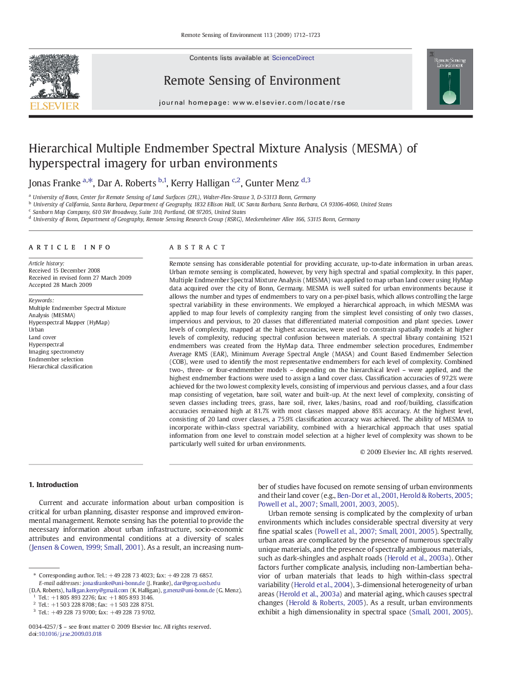 Hierarchical Multiple Endmember Spectral Mixture Analysis (MESMA) of hyperspectral imagery for urban environments