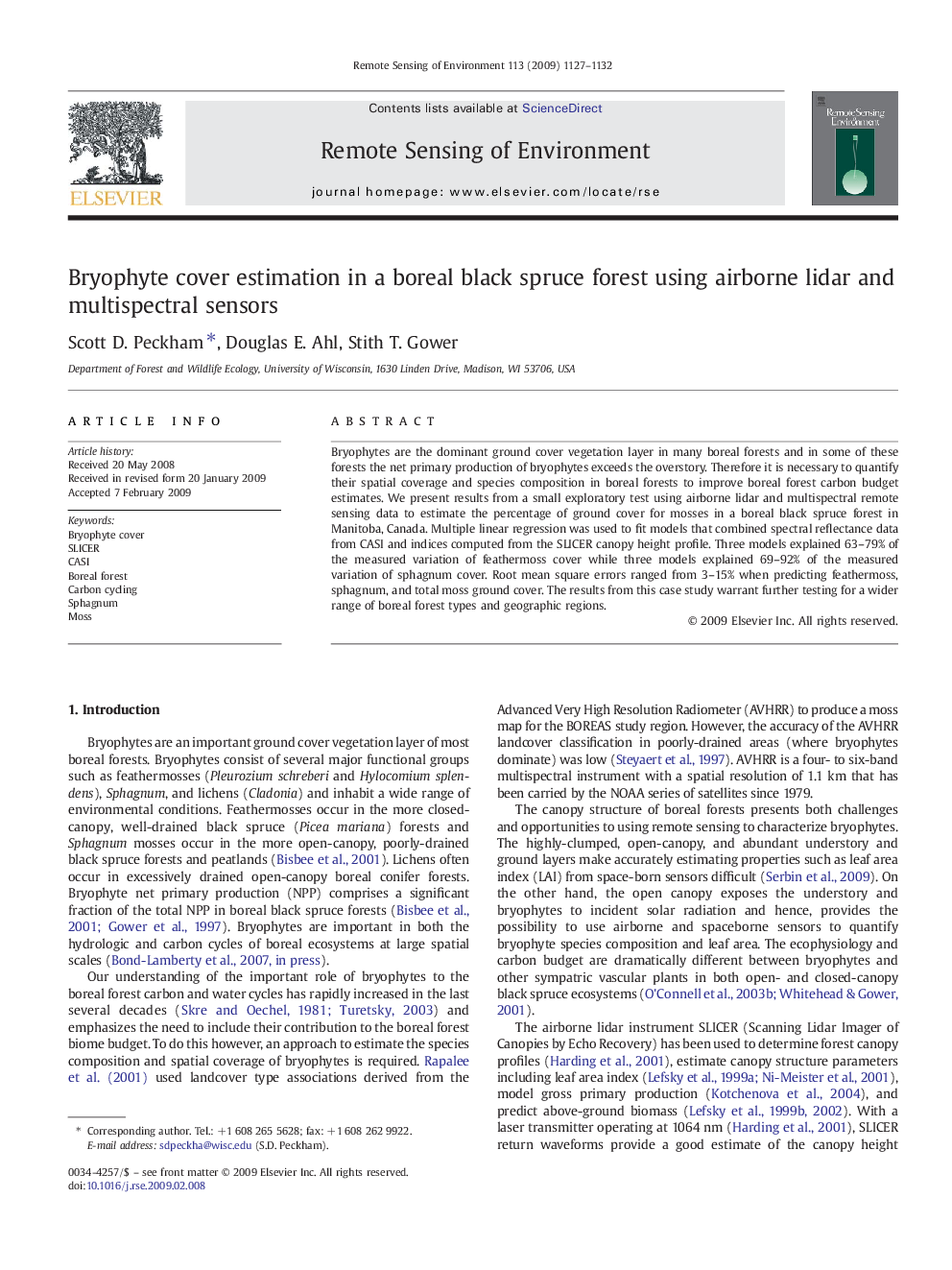 Bryophyte cover estimation in a boreal black spruce forest using airborne lidar and multispectral sensors