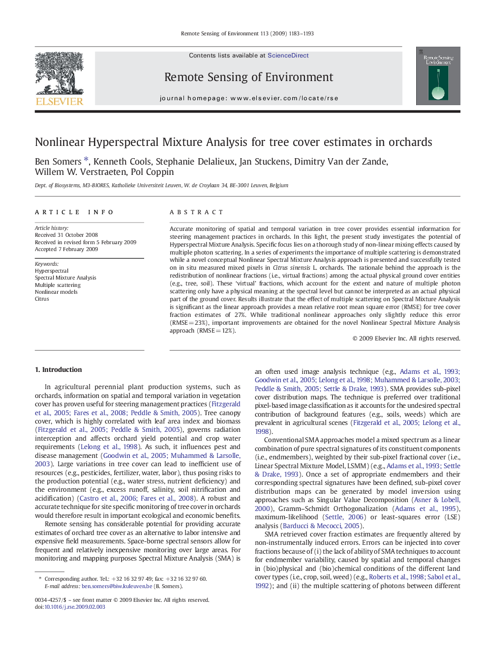 Nonlinear Hyperspectral Mixture Analysis for tree cover estimates in orchards