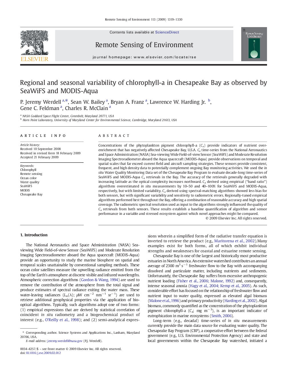 Regional and seasonal variability of chlorophyll-a in Chesapeake Bay as observed by SeaWiFS and MODIS-Aqua