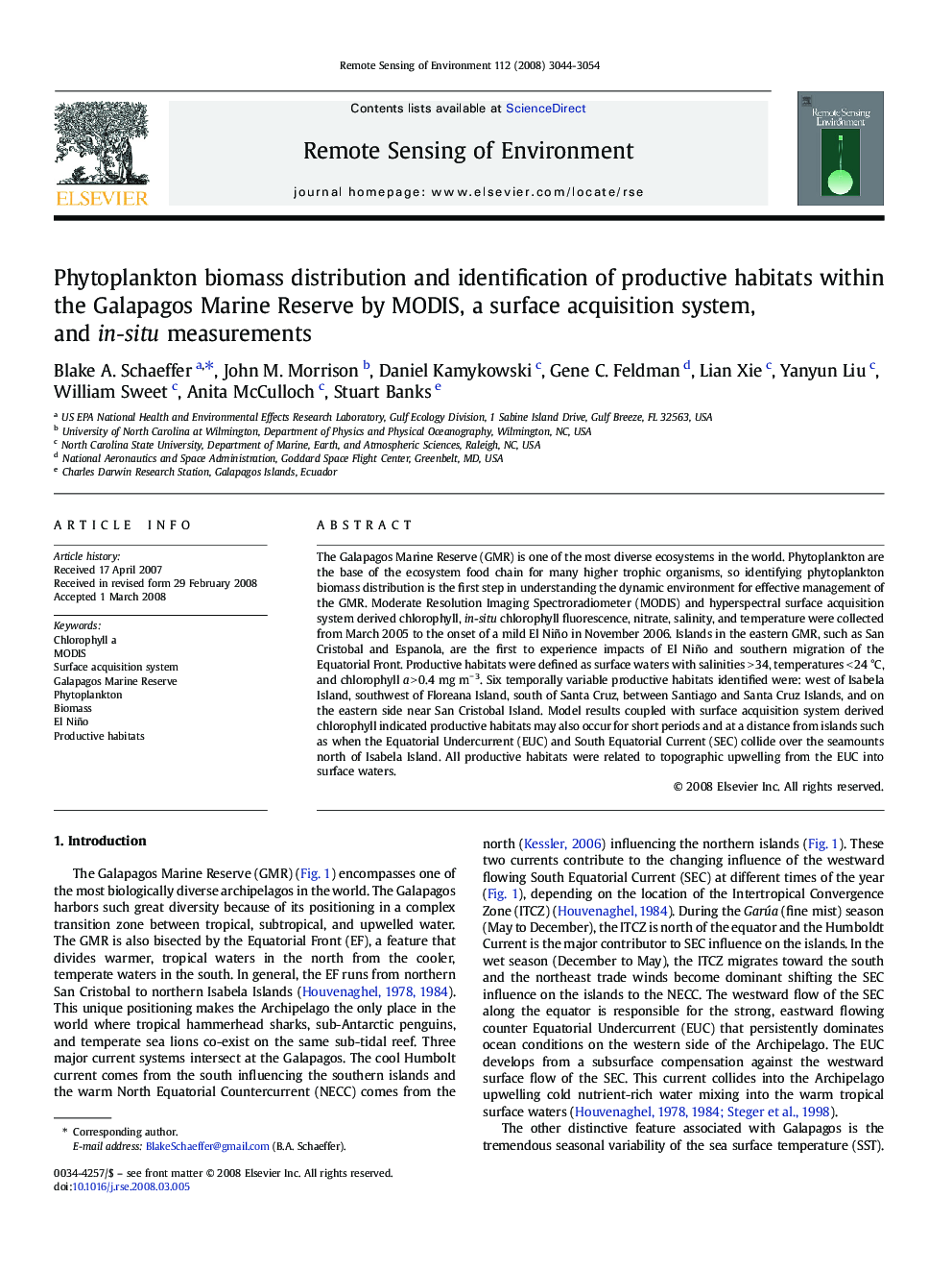 Phytoplankton biomass distribution and identification of productive habitats within the Galapagos Marine Reserve by MODIS, a surface acquisition system, and in-situ measurements