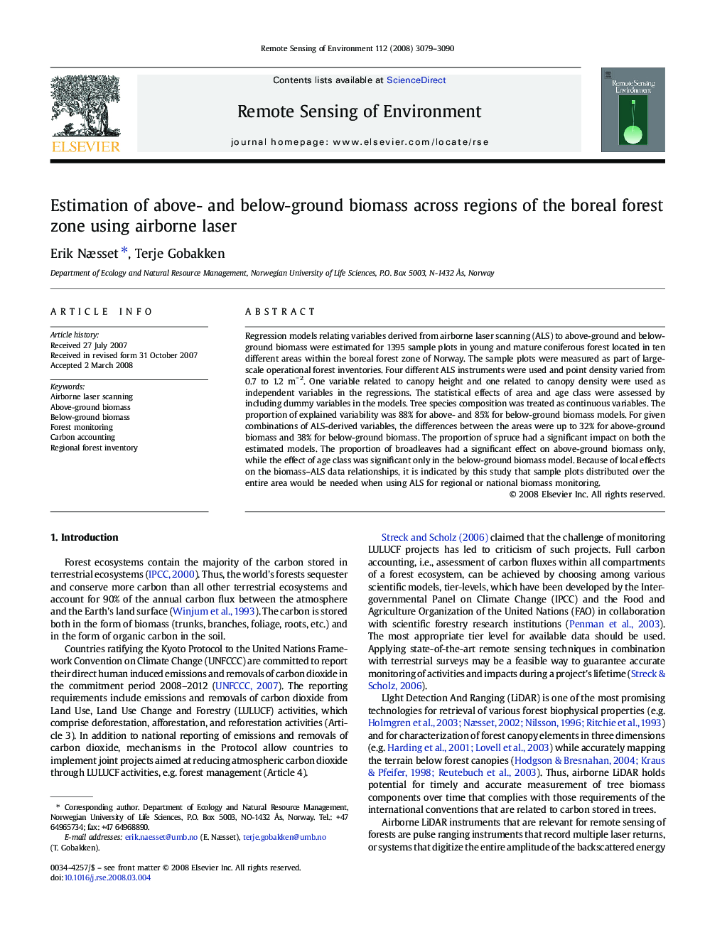 Estimation of above- and below-ground biomass across regions of the boreal forest zone using airborne laser