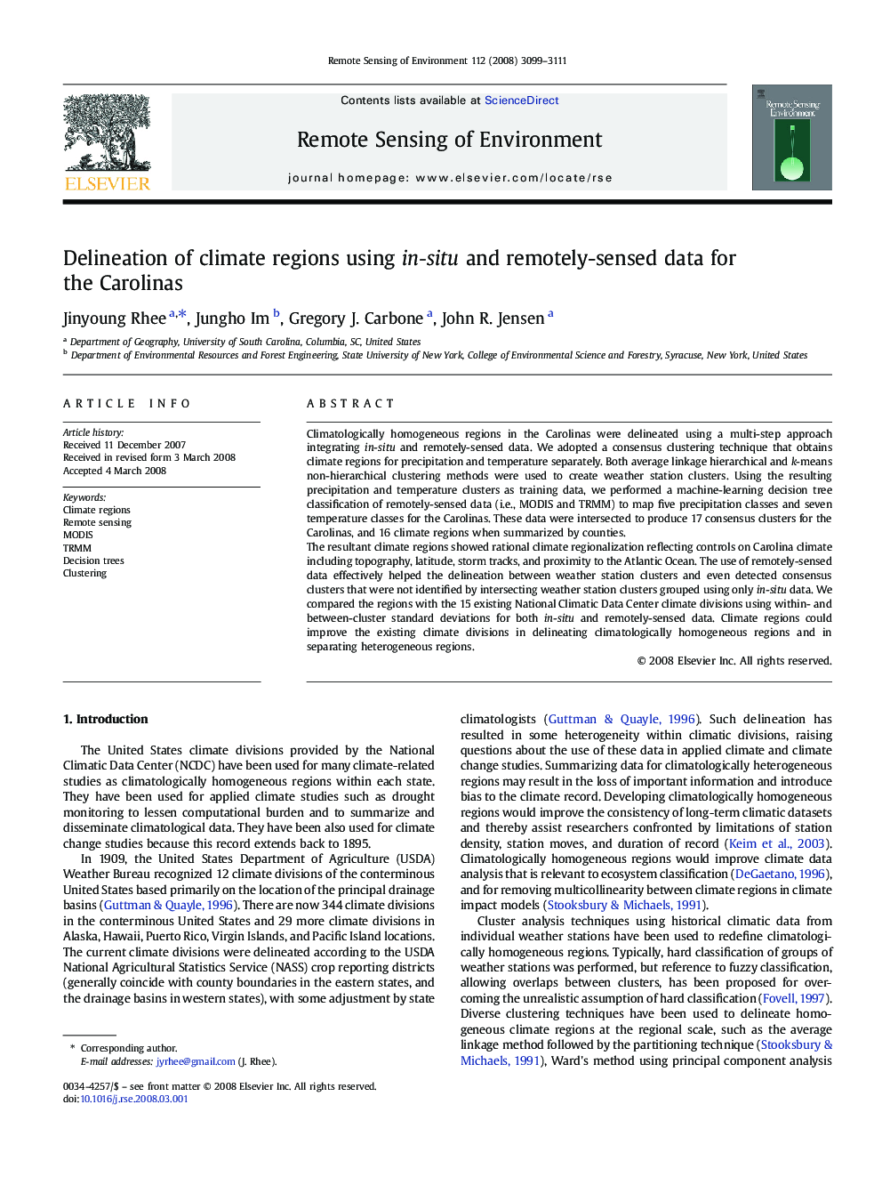 Delineation of climate regions using in-situ and remotely-sensed data for the Carolinas