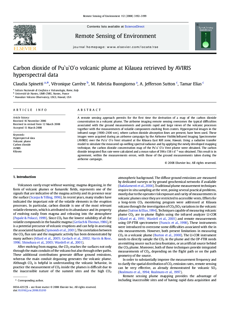 Carbon dioxide of Pu`u`O`o volcanic plume at Kilauea retrieved by AVIRIS hyperspectral data