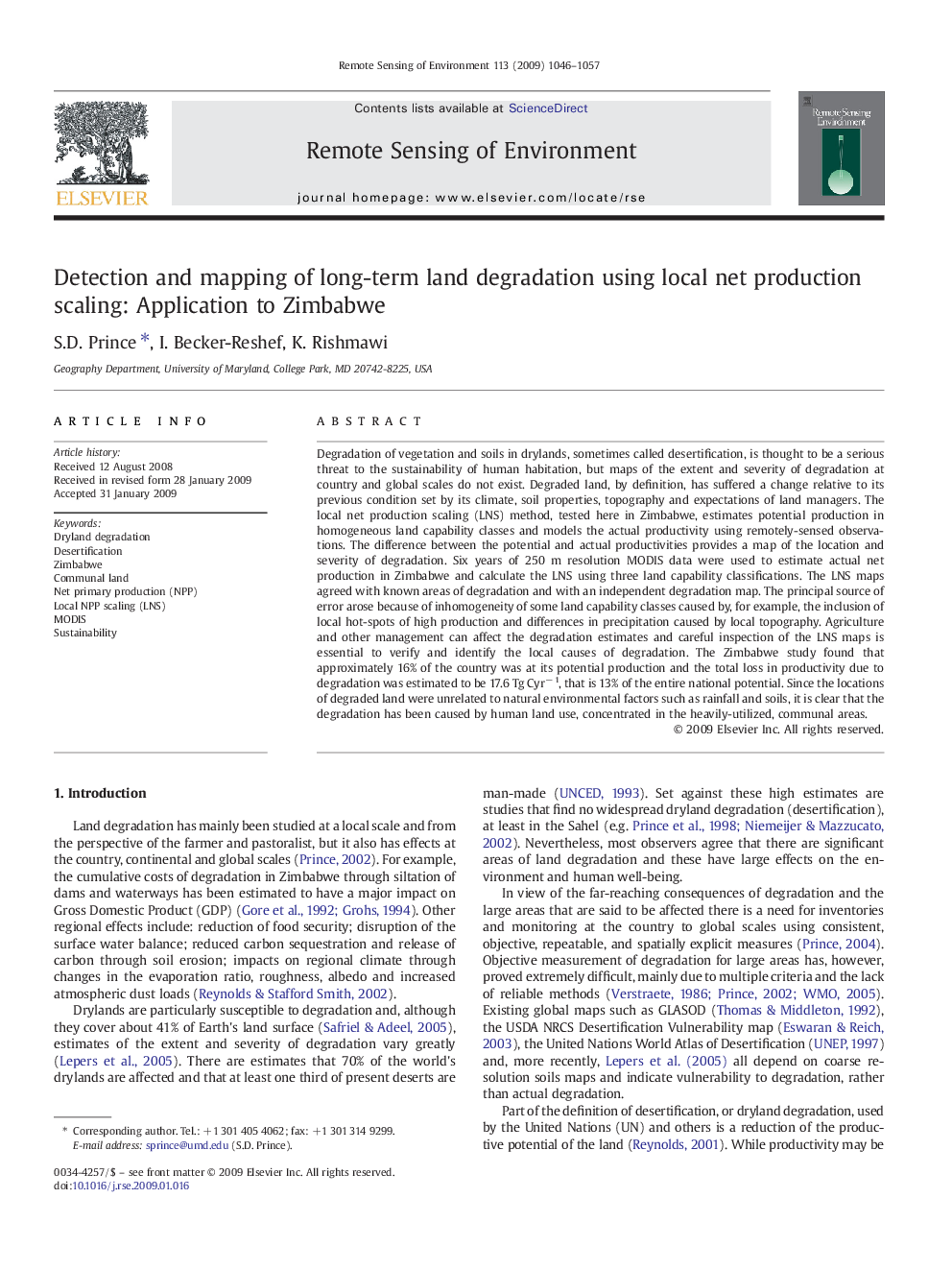 عکس صفحه اول مقاله: Detection and mapping of long-term land degradation using local net production scaling: Application to Zimbabwe Detection and mapping of long-term land degradation using local net production scaling: Application to Zimbabwe