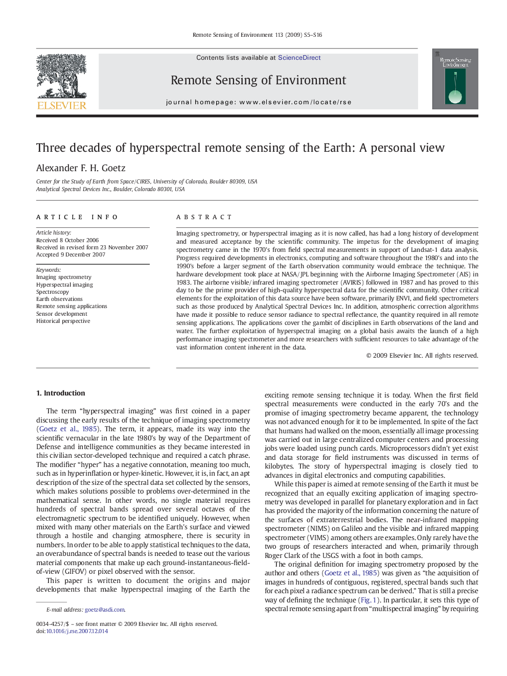 Three decades of hyperspectral remote sensing of the Earth: A personal view