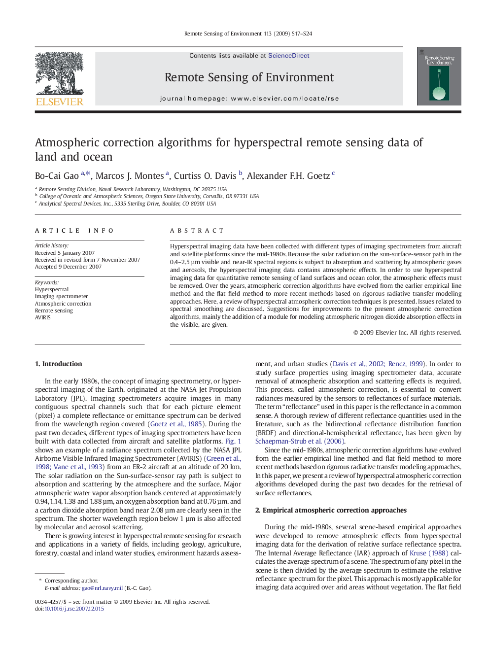 Atmospheric correction algorithms for hyperspectral remote sensing data of land and ocean