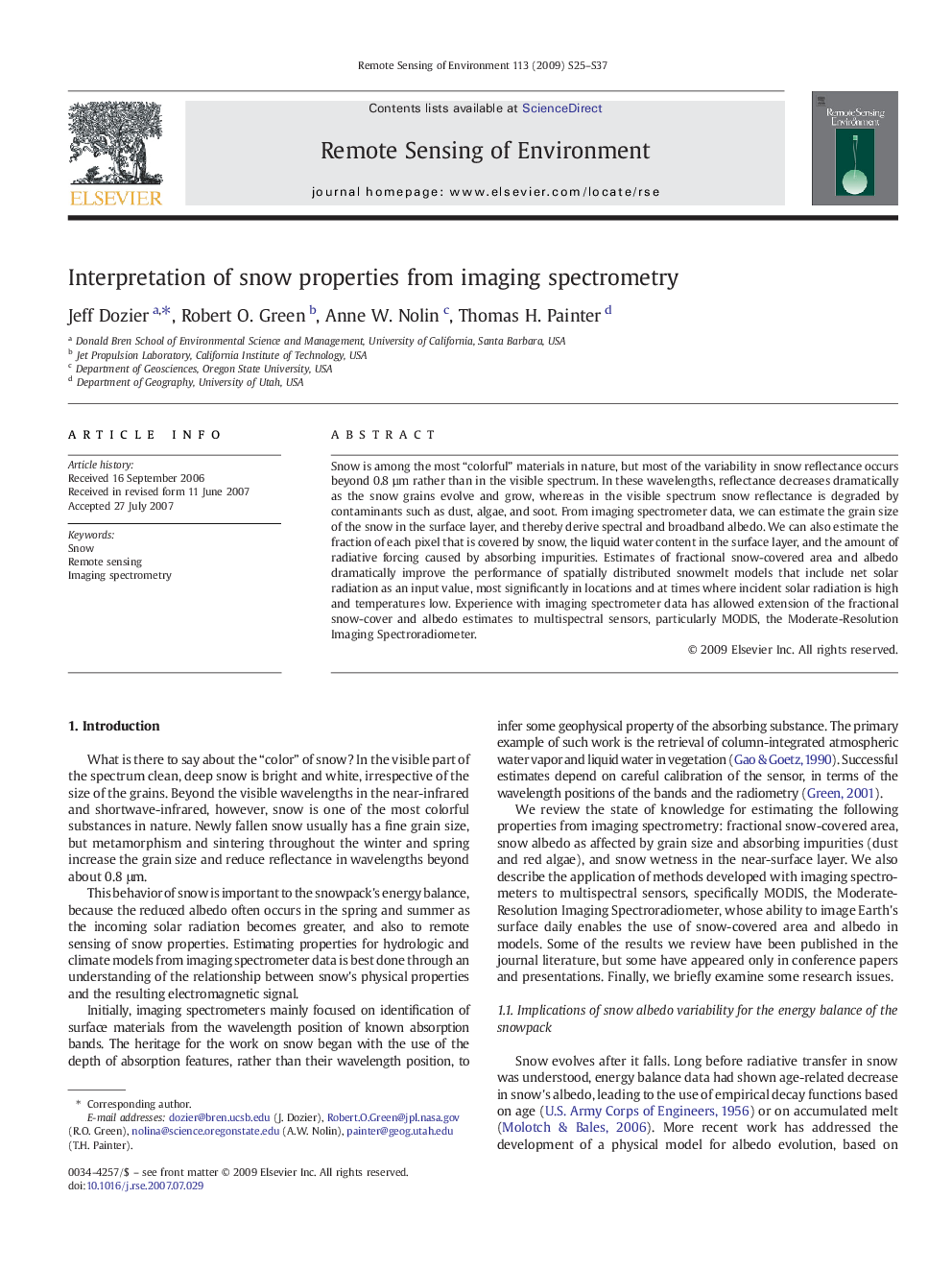 Interpretation of snow properties from imaging spectrometry