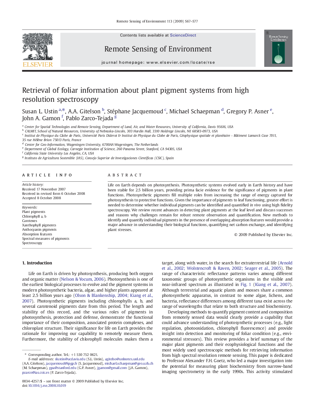 Retrieval of foliar information about plant pigment systems from high resolution spectroscopy