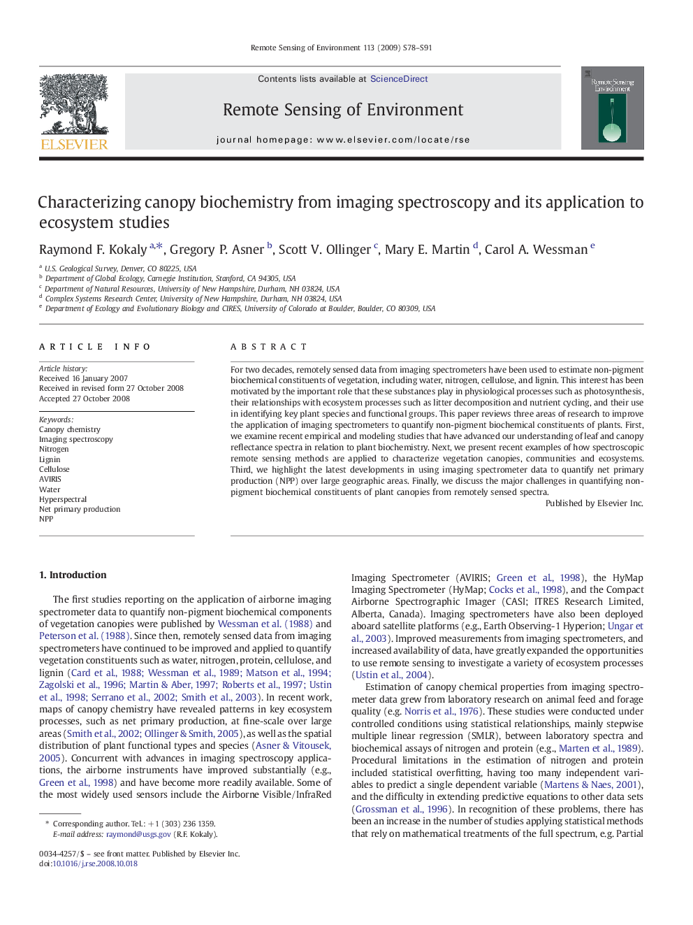 Characterizing canopy biochemistry from imaging spectroscopy and its application to ecosystem studies