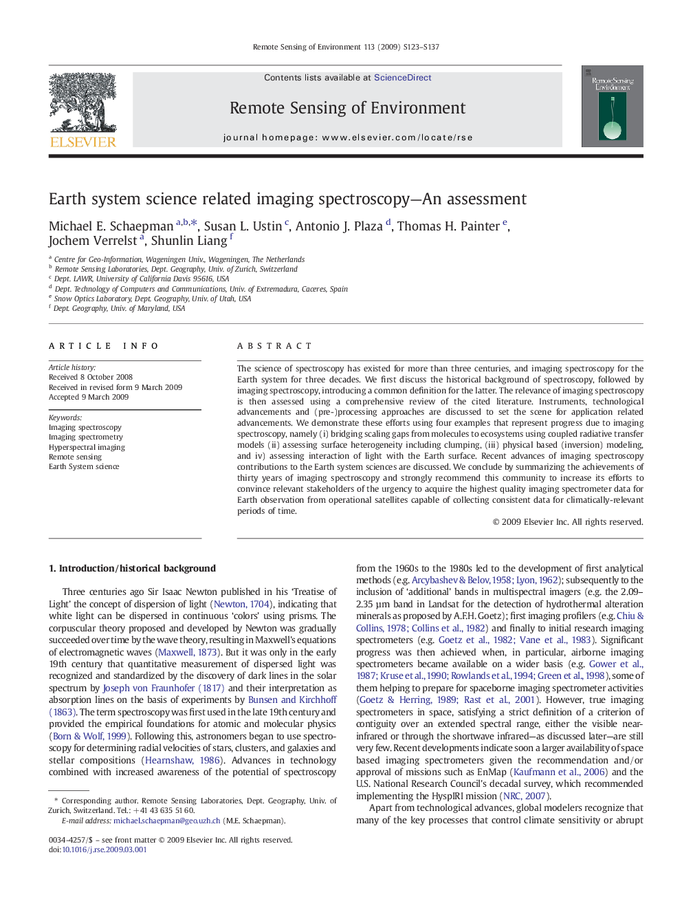 Earth system science related imaging spectroscopy—An assessment