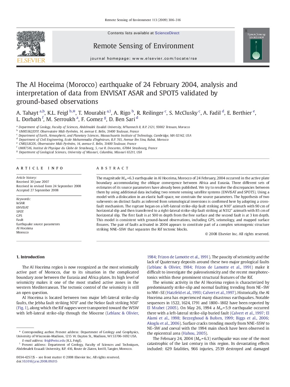 The Al Hoceima (Morocco) earthquake of 24 February 2004, analysis and interpretation of data from ENVISAT ASAR and SPOT5 validated by ground-based observations