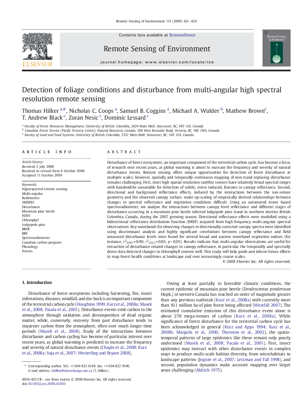 Detection of foliage conditions and disturbance from multi-angular high spectral resolution remote sensing