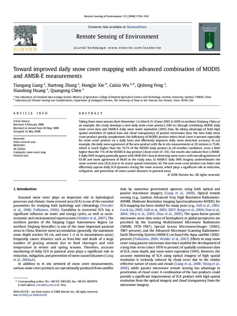 Toward improved daily snow cover mapping with advanced combination of MODIS and AMSR-E measurements