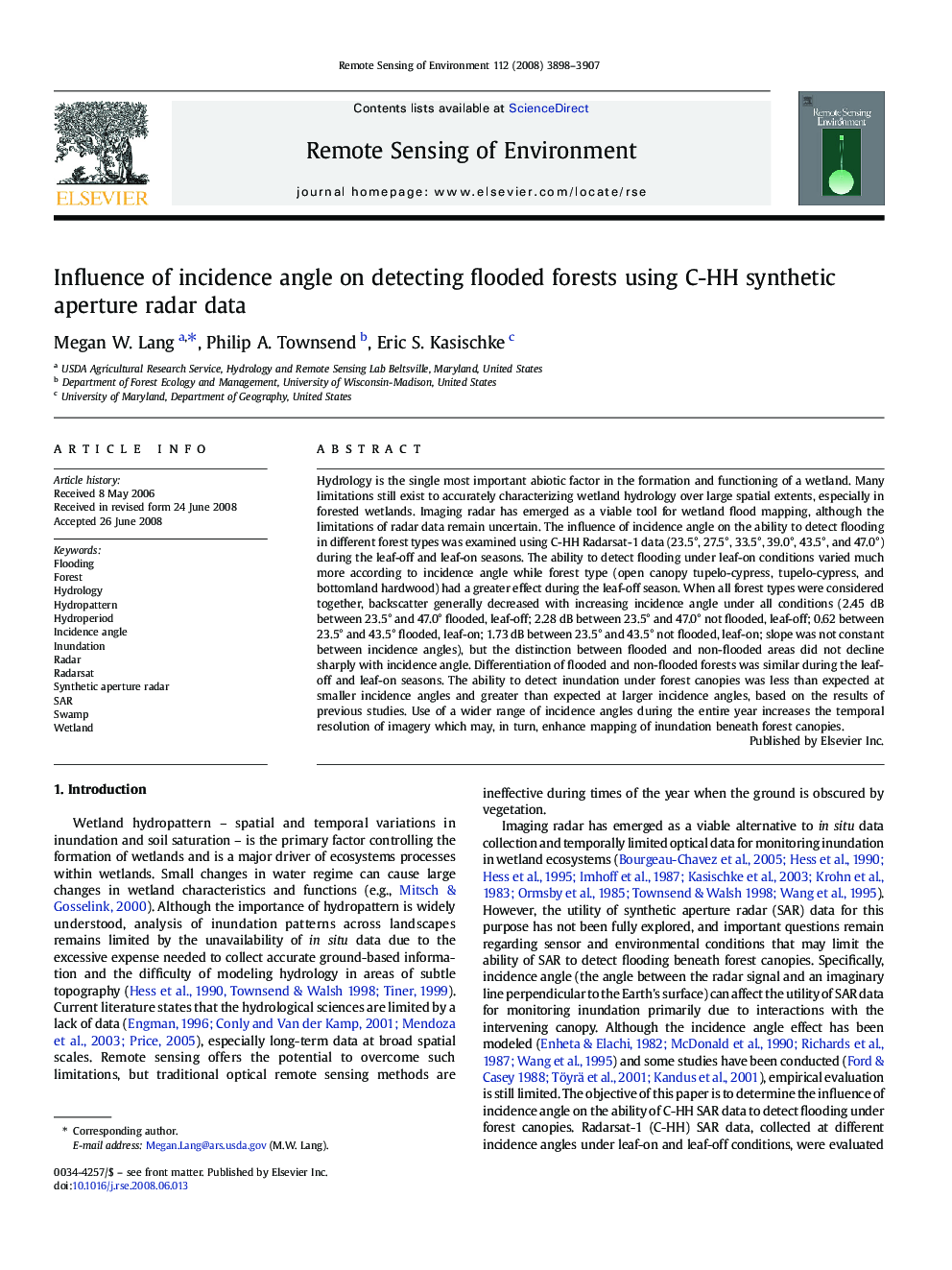 Influence of incidence angle on detecting flooded forests using C-HH synthetic aperture radar data