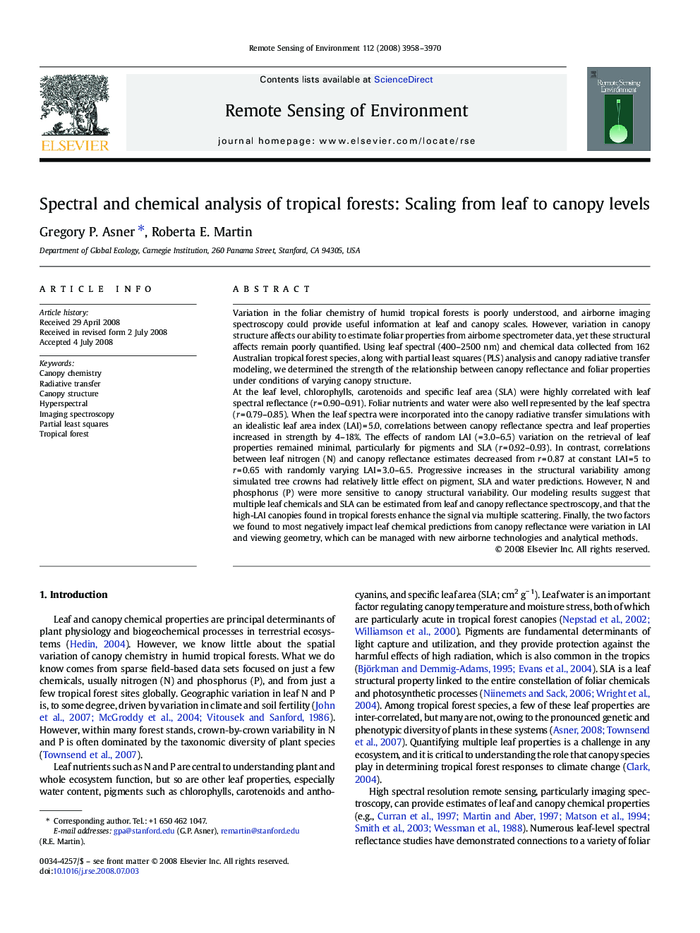 Spectral and chemical analysis of tropical forests: Scaling from leaf to canopy levels