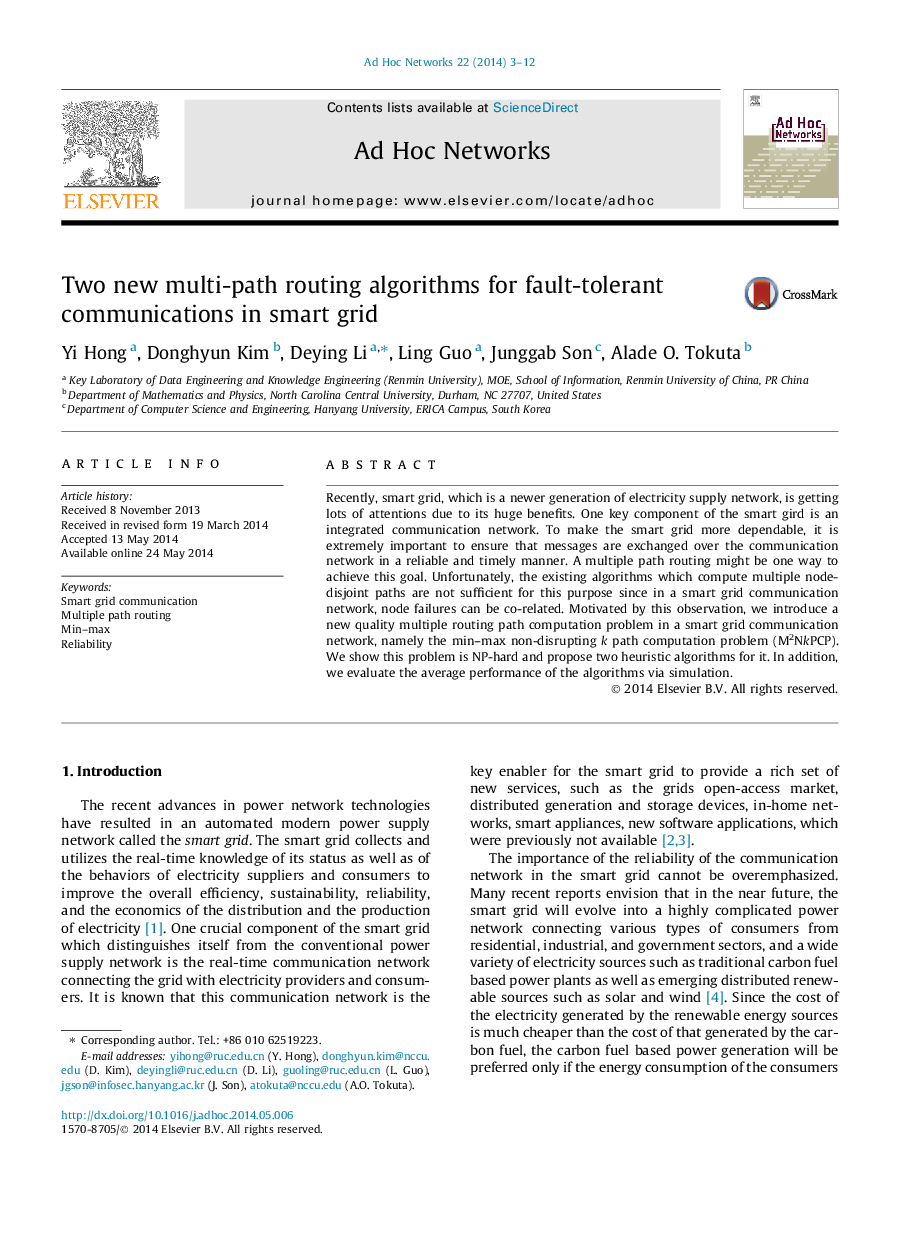 Two new multi-path routing algorithms for fault-tolerant communications in smart grid