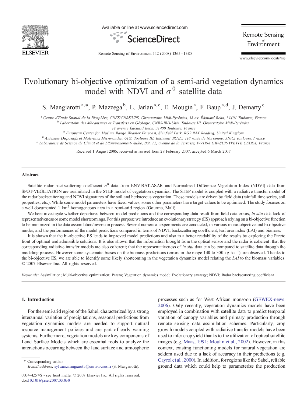 Evolutionary bi-objective optimization of a semi-arid vegetation dynamics model with NDVI and σ0 satellite data