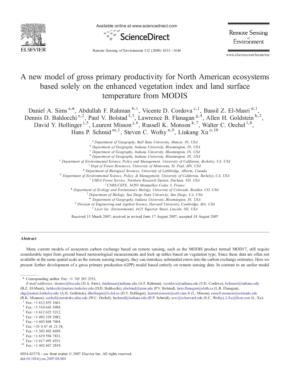 A new model of gross primary productivity for North American ecosystems based solely on the enhanced vegetation index and land surface temperature from MODIS