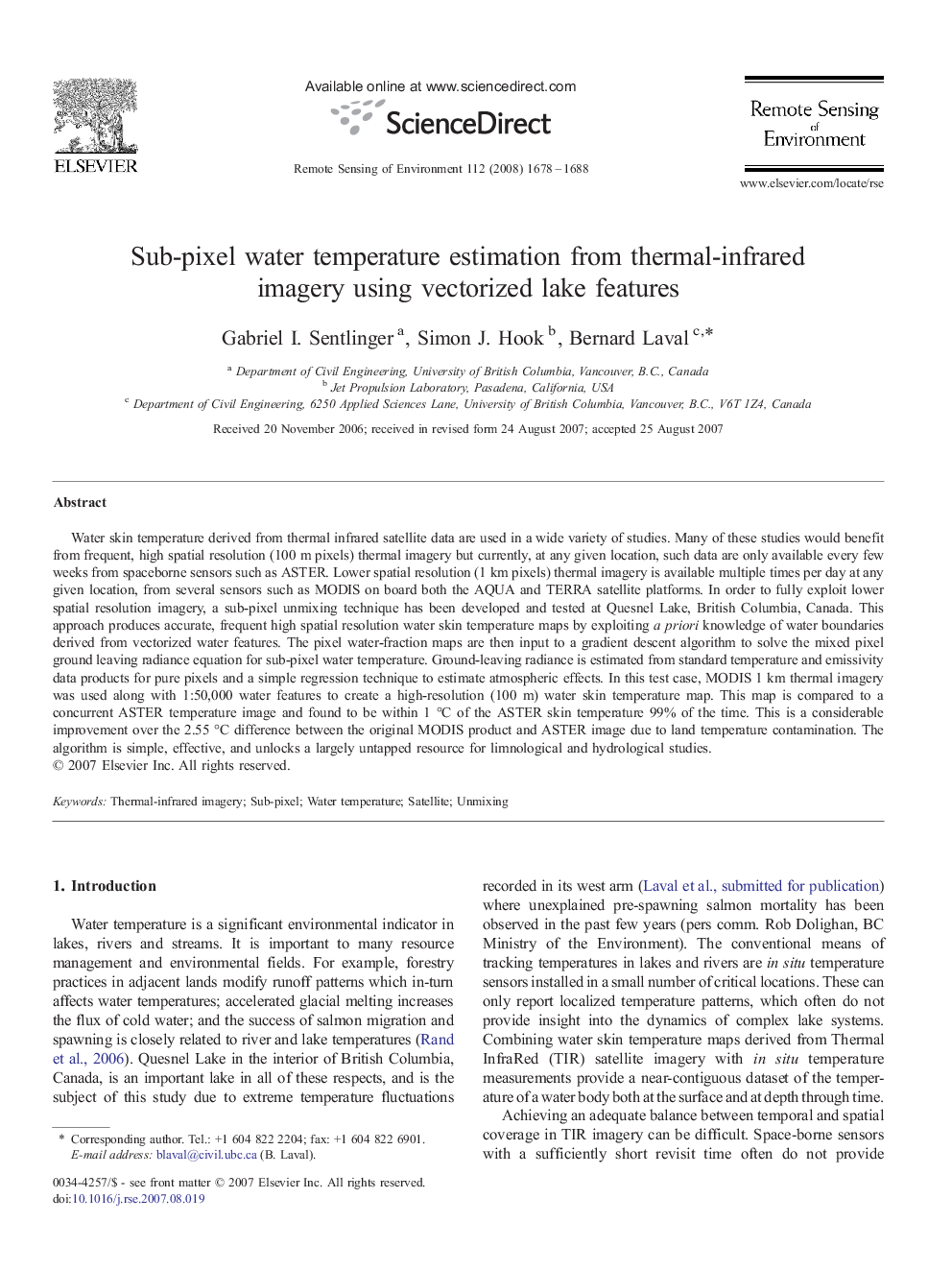 Sub-pixel water temperature estimation from thermal-infrared imagery using vectorized lake features